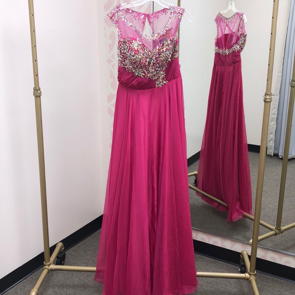Fuchsia Chiffon A-Line Beaded Prom Gown